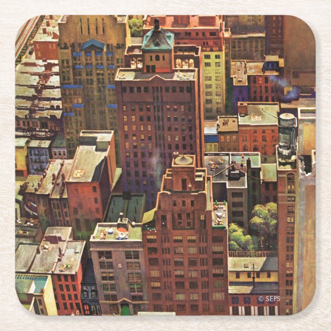 Bird's-Eye View of New York City by John Falter Square Paper Coaster (Front)