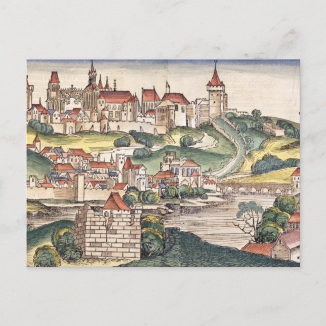 Bird's Eye View of Prague from the Nuremberg Chron Postcard (Front)