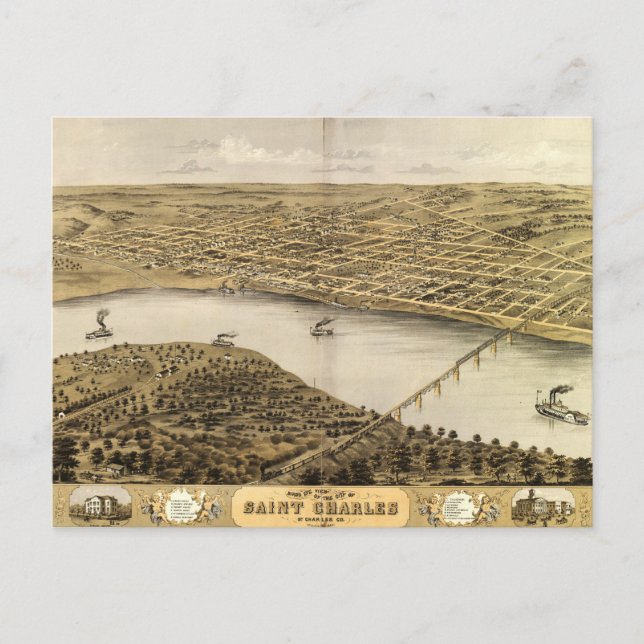 Bird's Eye View of Saint Charles, Missouri (1869) Postcard (Front)