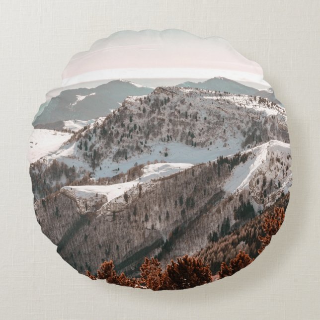 BIRD'S-EYE VIEW OF SNOW COVERED MOUNTAIN UNDER CLE ROUND CUSHION (Front)