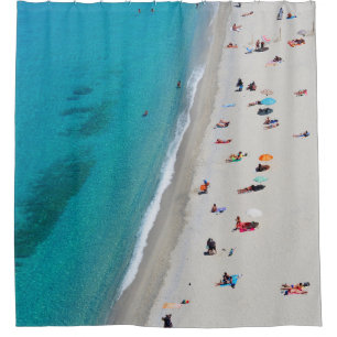 Bird's eye view photo of people on beach shower curtain
