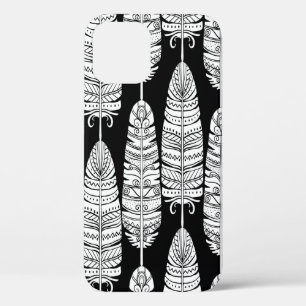 Birds feathers boho seamless pattern in black and iPhone 12 case