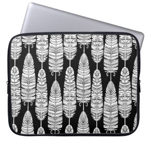 Birds feathers boho seamless pattern in black and  laptop sleeve