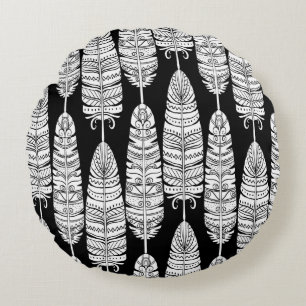 Birds feathers boho seamless pattern in black and  round cushion