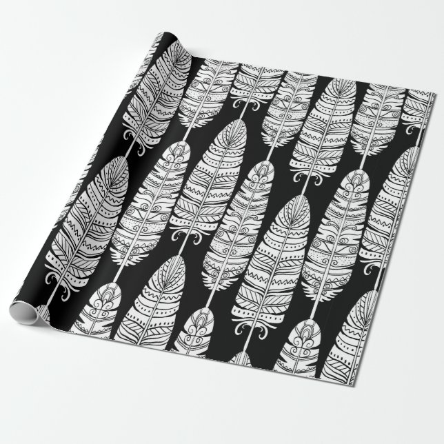Birds feathers boho seamless pattern in black and  wrapping paper (Unrolled)