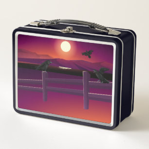 Birds Fence Moon and Flying Ravens Metal Lunch Box