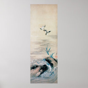 Birds Fighting in the Mountain Stream, Hokusai Poster