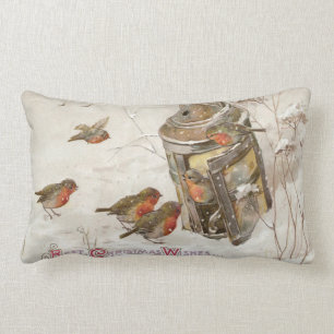 Birds Find Shelter in Lantern Vintage Christmas Lumbar Cushion