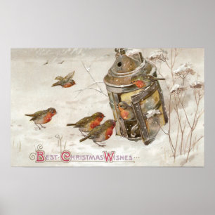 Birds Find Shelter in Lantern Vintage Christmas Poster