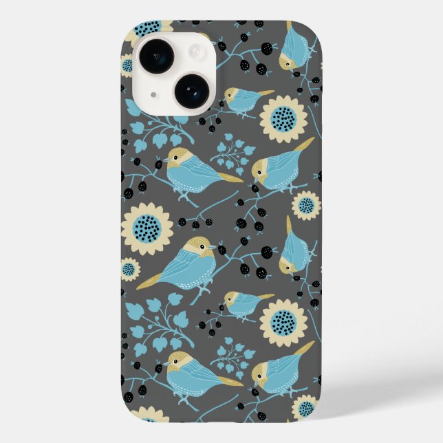 Birds Floral Berries Blue Cream Black Grey Pattern Case-Mate iPhone Case (Back)