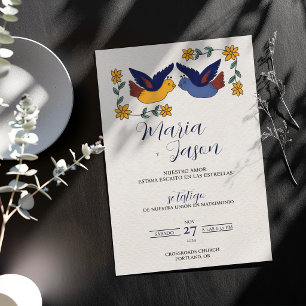Birds Floral Blue Yellow Charming Spanish Wedding Invitation