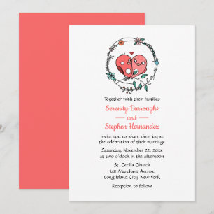 Birds Floral Wreath Pink Cartoon Lovebirds Wedding Invitation