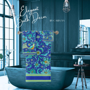 Birds Florals Royal Blue, Yellow, Aqua  Bath Towel Set