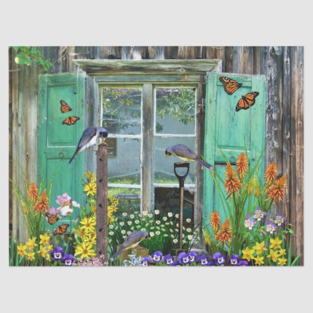 Birds Flower Garden Rustic Shed Tissue Paper (Front)