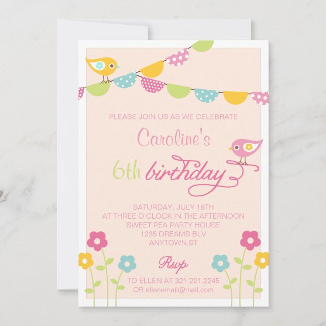 Birds Flowers and Banners Girl Birthday Party Invitation (Front)