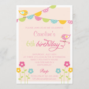 Birds Flowers and Banners Girl Birthday Party Invitation