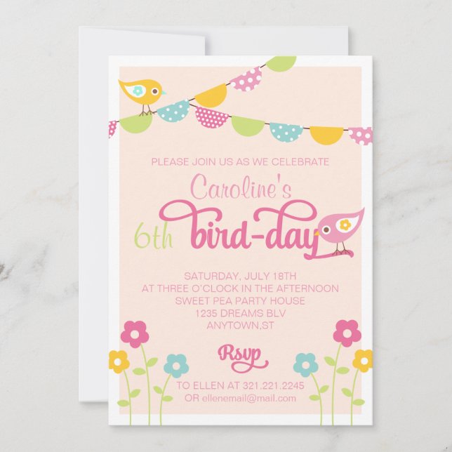 Birds Flowers and Banners Girl Birthday Party Invitation (Front)