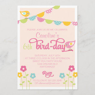 Birds Flowers and Banners Girl Birthday Party Invitation
