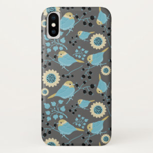 Birds Flowers and Berries Blue Cream Black Grey iPhone X Case