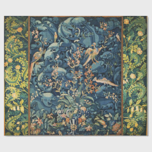 BIRDS ,FLOWERS AND CABBAGE LEAVES ,Blue Wrapping Paper