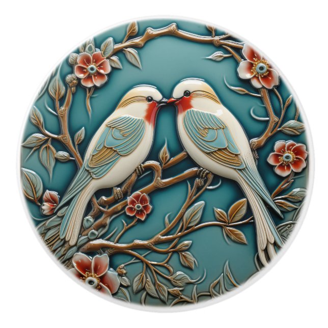 Birds Flowers Art Nouveau Inspired Nature Print Ceramic Knob (Front)
