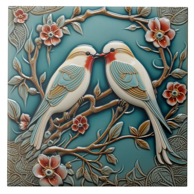 Birds Flowers Art Nouveau Inspired Nature Print Tile (Front)