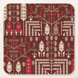 Birds Flowers Dark Blue Pattern Square Paper Coaster