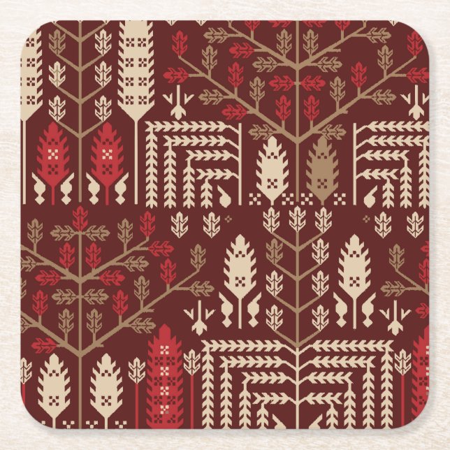 Birds Flowers Dark Blue Pattern Square Paper Coaster (Front)