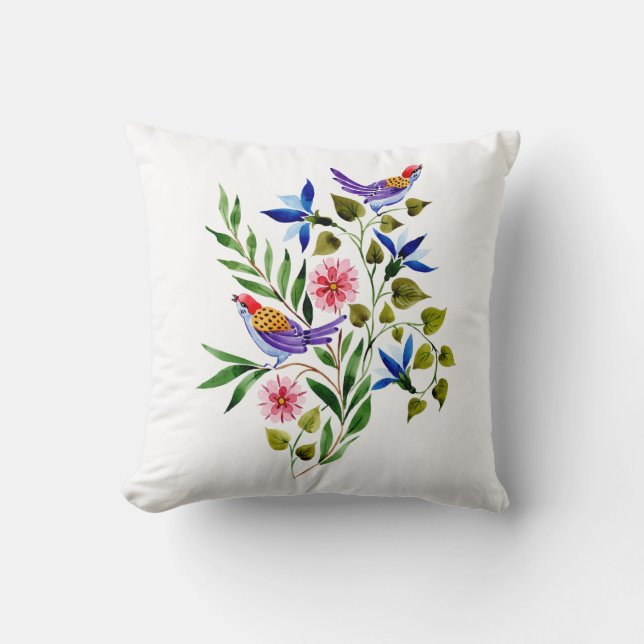 Birds Flowers Floral Watercolor  Cushion (Front)