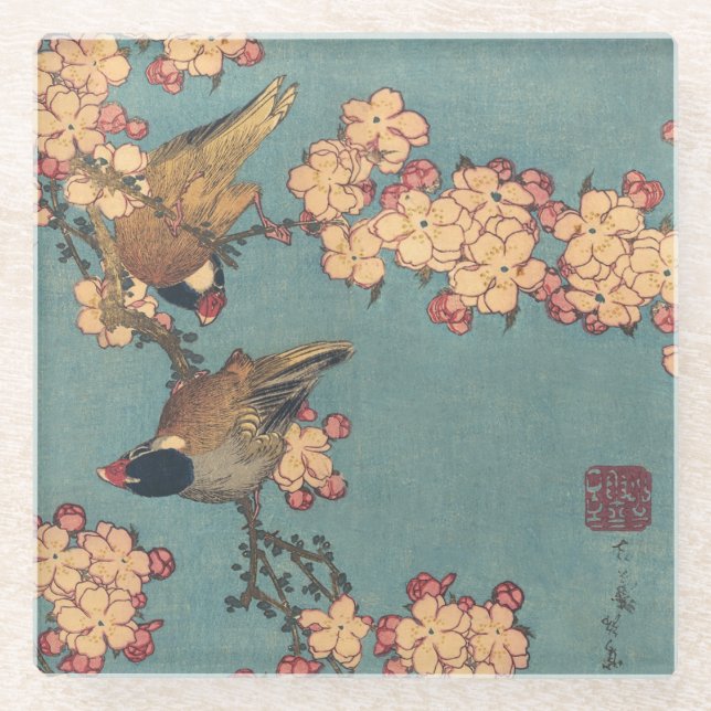 Birds Flowers Hokusai Japanese Art Glass Coaster (Front)