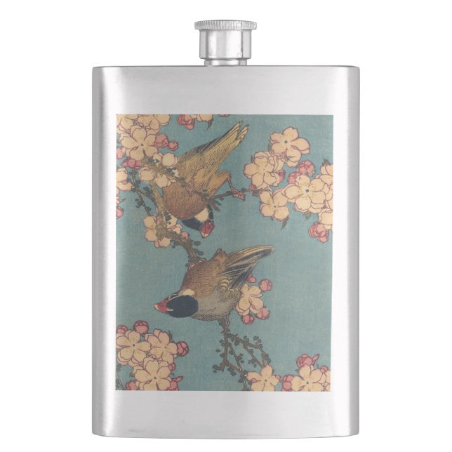 Birds Flowers Hokusai Japanese Art Hip Flask (Front)