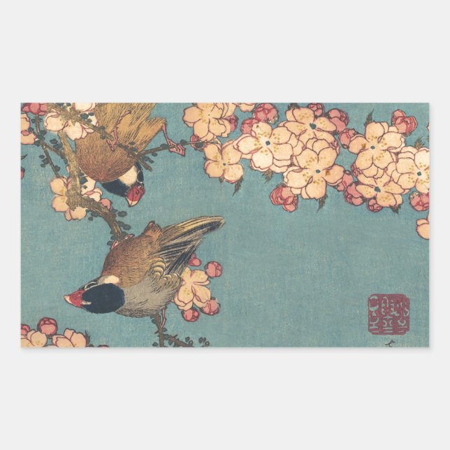 Birds Flowers Hokusai Japanese Art Rectangular Sticker (Front)