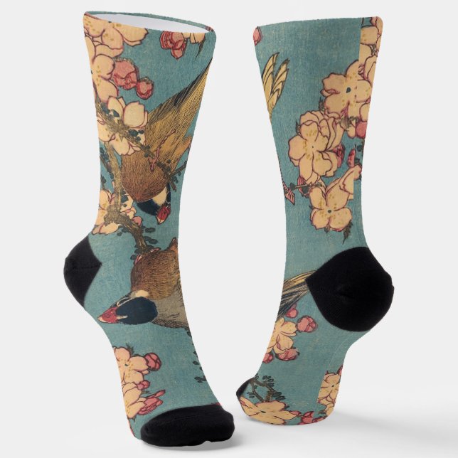 Birds Flowers Hokusai Japanese Art Socks (Angled)
