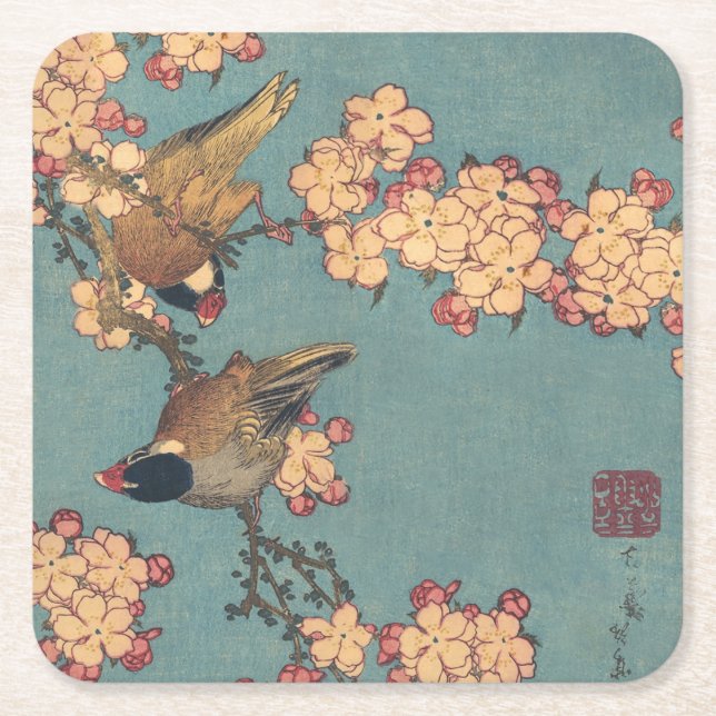 Birds Flowers Hokusai Japanese Art Square Paper Coaster (Front)
