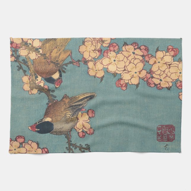 Birds Flowers Hokusai Japanese Art Tea Towel (Horizontal)