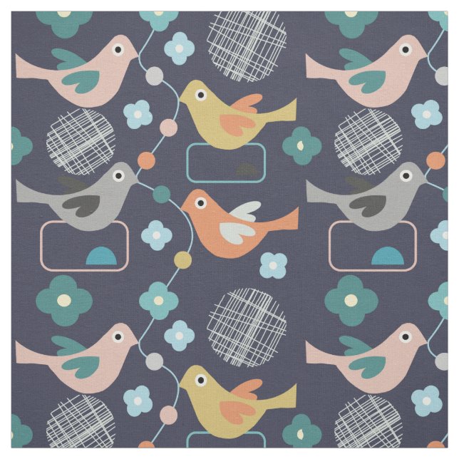 Birds Flowers Retro Modern Mid Century Fun Pattern Fabric (Swatch)