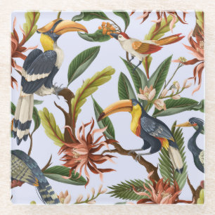 Birds & Flowers: Tropical Vintage Pattern. Glass Coaster