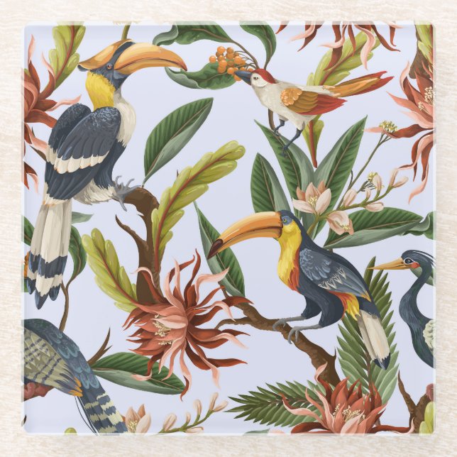 Birds & Flowers: Tropical Vintage Pattern. Glass Coaster (Front)