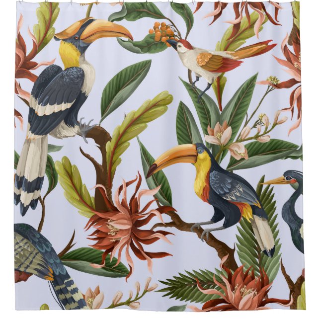 Birds & Flowers: Tropical Vintage Pattern. Shower Curtain (Front)