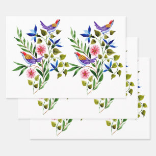 Birds Flowers Watercolor Birthday Bridal Shower  Wrapping Paper Sheet