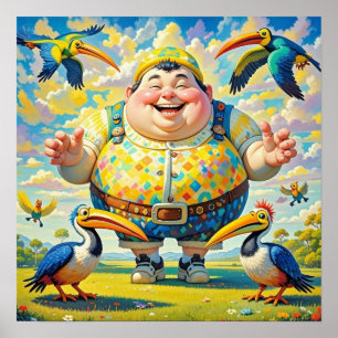 Birds flying around a happy man poster