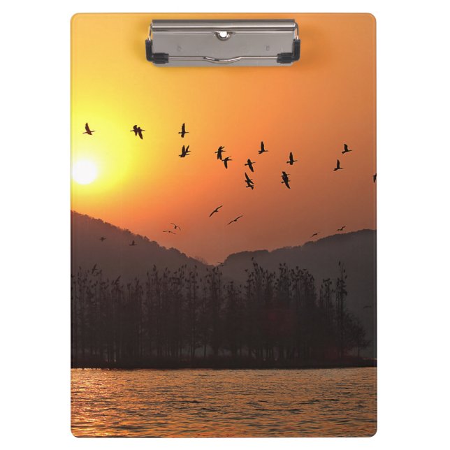Birds Flying in Sunset Sky Over East Lake Photo Clipboard (Front)