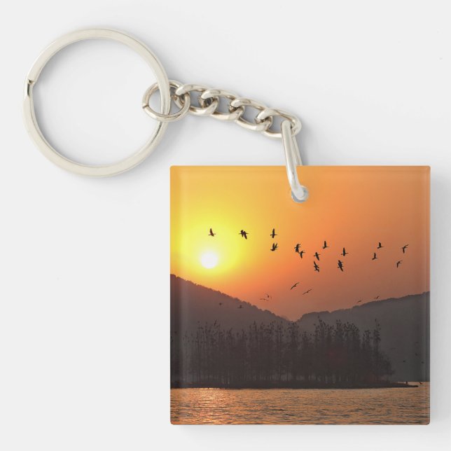 Birds Flying in Sunset Sky Over East Lake Photo Key Ring (Front)