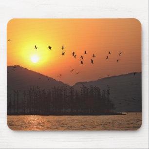 Birds Flying in Sunset Sky Over East Lake Photo Mouse Mat