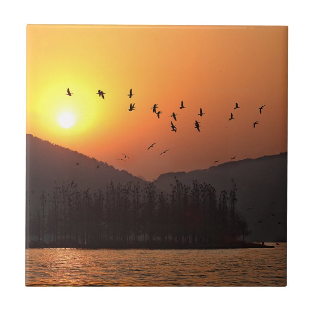 Birds Flying in Sunset Sky Over East Lake Tile (Front)
