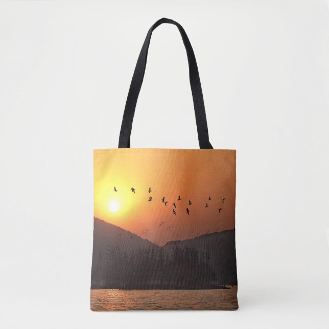 Birds Flying in Sunset Sky Over East Lake Tote Bag (Front)