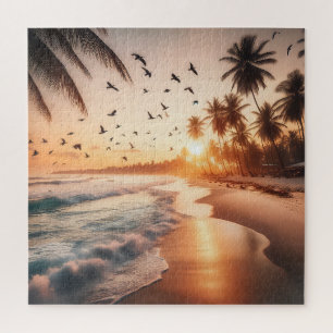 Birds Flying over a Beach at Sunset Jigsaw Puzzle