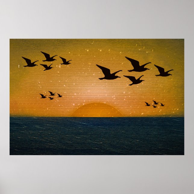 Birds flying over sunset seascape poster (Front)