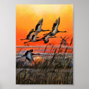 Birds Flying Sunset Poster Print - Painting Art