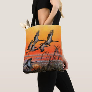 Birds Flying Sunset Tote Bag - Painting